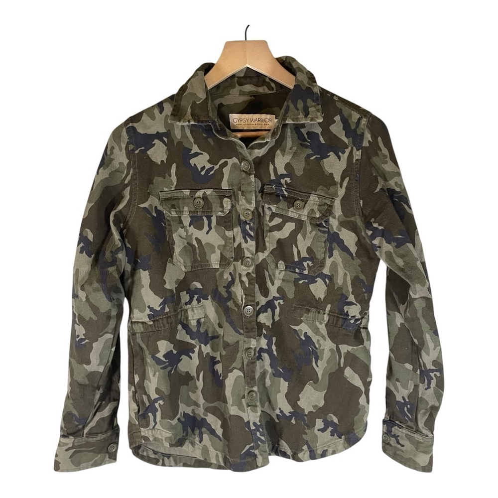 Gypsy Warrior Womens Jacket XS Green Brown‎ Camo Button Up Military Utility Warm